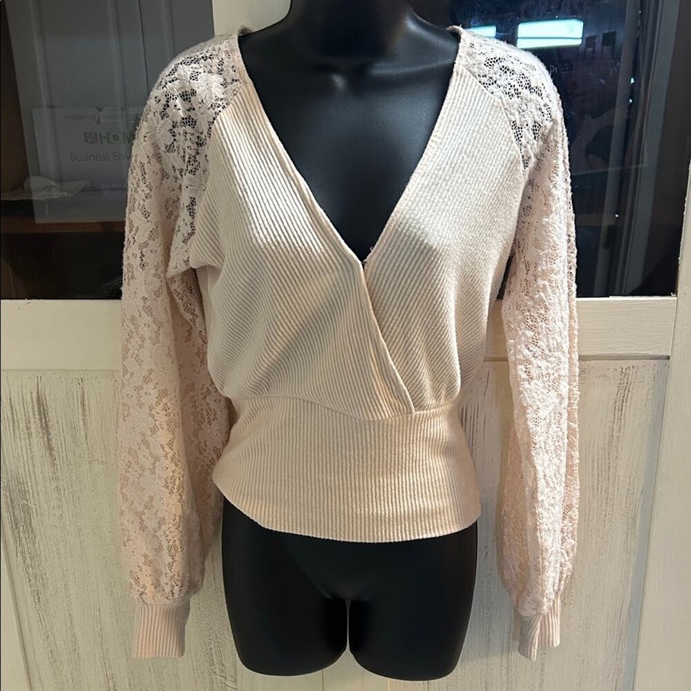 Anthropologie Cream Lace-Sleeve Wrap Ribbed Pullover